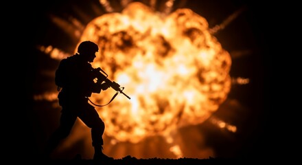 Silhouette Soldier Walking Against Fiery Explosion Background