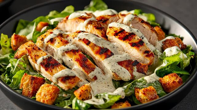 Grilled chicken caesar salad with creamy dressing and crunchy croutons in black bowl