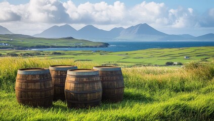 Fototapeta premium Wooden barrels on a grassy hill overlooking a bay and mountains