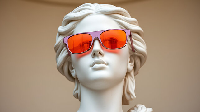 A classical white marble bust of a woman wearing modern orange-pink reflective sunglasses