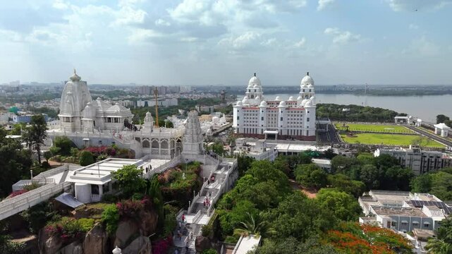Hyderabad, India: Aerial view of Birla Mandir, iconic Hindu temple in capital and largest city of Indian state of Telangana - landscape panorama of South Asia from above
