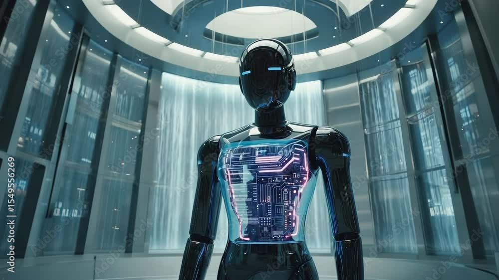 Poster a futuristic robot is showcased in a modern, technologically advanced setting, embodying artificial 