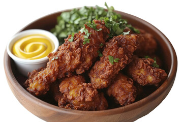 Crispy Fried Chicken Pieces with Fresh Herbs and Mustard Sauce in a Wooden Bowl on a Light Background