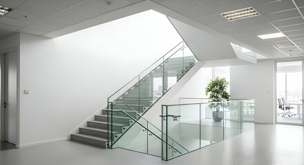 Obraz premium Glass-Railed Staircase with Indoor Plants