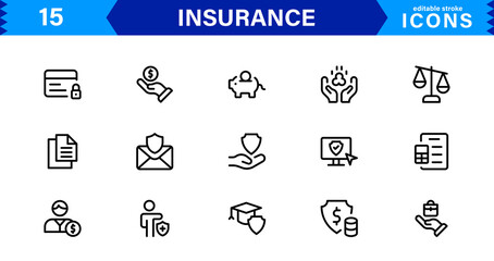 Insurance Icon Set Featuring Protection, Policy, Coverage, Claims, and Risk Management Concepts in a Clean, Professional, and Marketable Vector Style