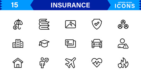 Insurance Icon Set Featuring Protection, Policy, Coverage, Claims, and Risk Management Concepts in a Clean, Professional, and Marketable Vector Style