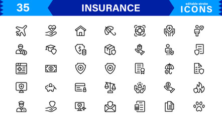 Insurance Icon Set Featuring Protection, Policy, Coverage, Claims, and Risk Management Concepts in a Clean, Professional, and Marketable Vector Style