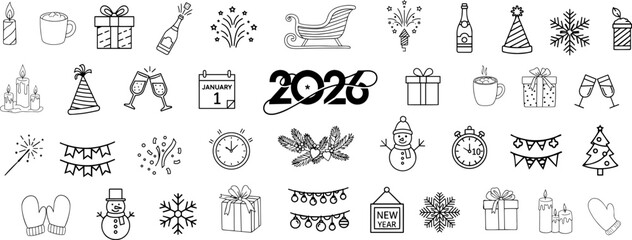 Big set  Winter Holiday Doodles,  Christmas and New Year Line Art Icons. 2026