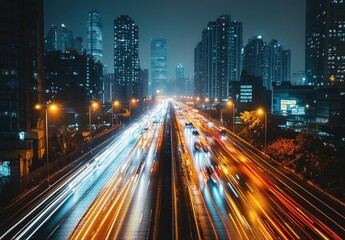 Fototapeta premium Night highway through cityscape. Blurs of car lights streak across a busy highway. Skyscrapers line the horizon in the night