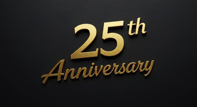 Golden 25th anniversary text on solid black metallic background, ideal for elegant event invitations, milestone banners, or celebration cards.