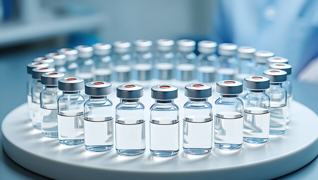 Multiple glass vials with clear liquid arranged in a circle on a white tray in a laboratory setting