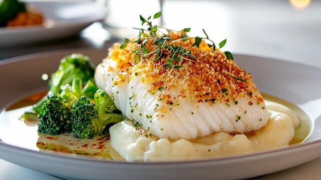 Grilled fish fillet on rice with vegetables in natural sunlight