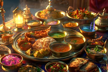 A Vibrant Indian Thali With Various Curries Photoreal
