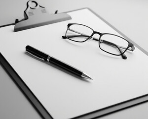 Blank Paper Mockup On Clipboard With Pen And Glasses