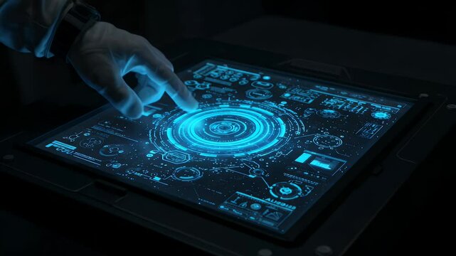 Futuristic tablet interface with glowing blue UI elements
