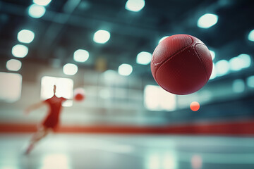 Red dodgeball flying through gym during game with blurred athlete in background, ideal for sports action, youth recreation, team activities, and motion-focused athletic concept