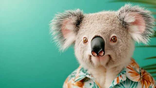 Stylish koala wearing a tropical shirt on a vibrant background