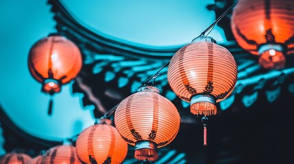 Moody composition of shadowy roof edges above softly lit rows of paper lanterns in the night