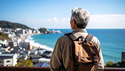旅行する白髪の男性の後ろ姿