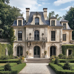 Fototapeta premium Elegant French mansion with intricate architecture, surrounded by lush greenery and manicured gardens, classic design elements and