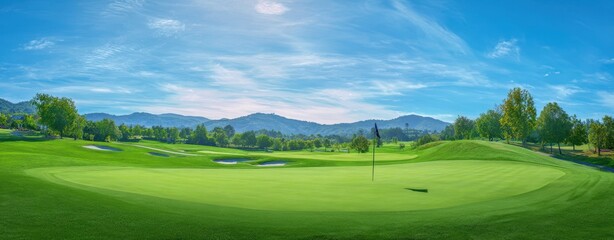The picturesque golf green surrounded by lush landscapes and serene mountains.
