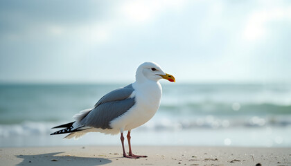 Obraz premium Seagull standing on sandy beach with ocean in the background 