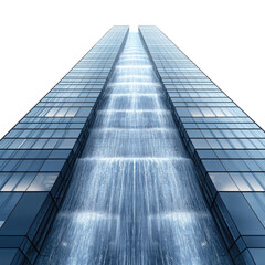Tall modern building with cascading waterfall flowing down its glass facade, transparent background, cutout PNG