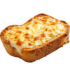 A single slice of cheesy garlic bread on a white background close up view