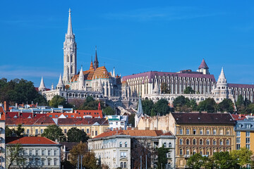 Budapest, Hungary. Matthias Church and Fisherman's Bastion on the Castle Hill. View from opposite...