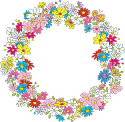 Cartoony birthday card, frame border, wreath and holiday background with colorful summer flowers and butterflies, vector cartoon illustration on white