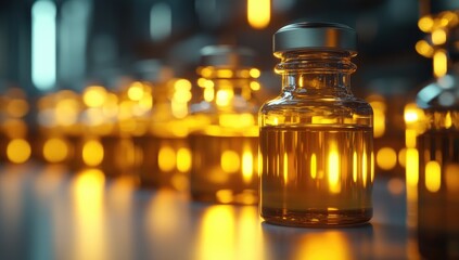 Golden vials in a lab setting