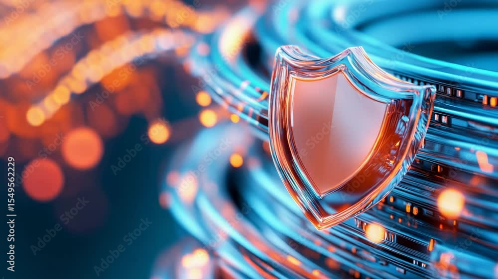 Poster cybersecurity shield in a futuristic digital network with glowing elements