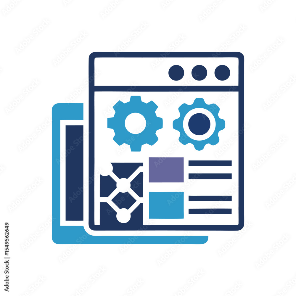 Poster blue and dark blue webpage interface icon with gears data charts and menu isolated on white backgrou