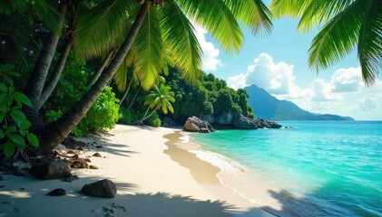 Lush green rainforest meets pristine white sand beach Sunlight filters through the canopy, casting dappled shadows on the tranquil turquoise water Perfect tropical escape , serene, vibrant, paradise