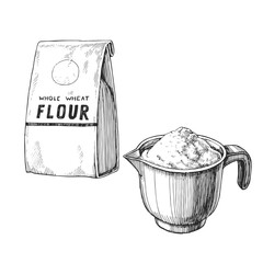Vector hand-drawn illustration of a pack of flour and a measuring cup. Sketch with ingredient for bakery.