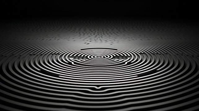 Concentric ripples formed from minimal white binary code on a pitch-black surface, gently fading toward the edges.