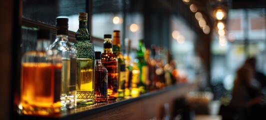 The vibrant display of assorted liquor bottles on a stylish bar counter.