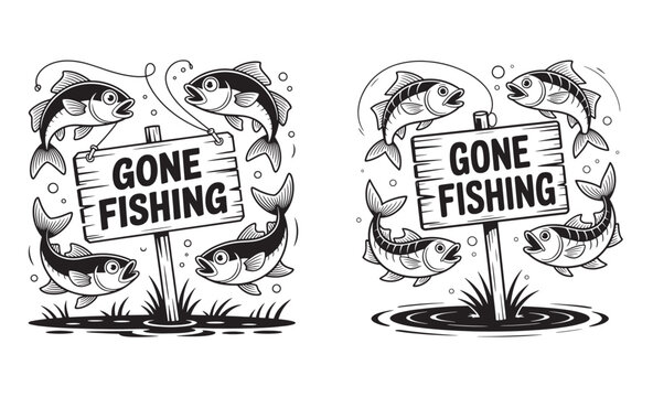 Gone fishing sign with jumping fish illustration