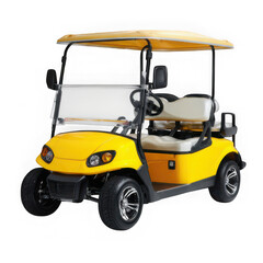 Close up of a bright yellow golf cart with a white roof against white background