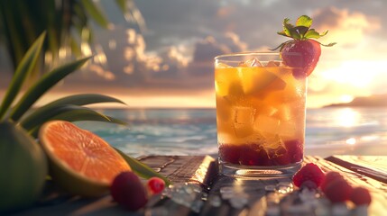A Vibrant Tropical Punch With Fruit Garnish Photoreal