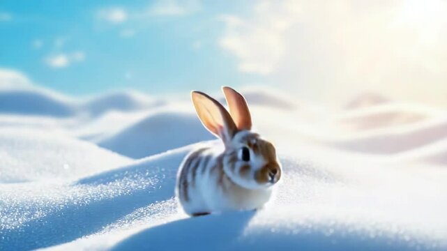 Cute rabbit in snowy landscape under bright blue sky at sunrise