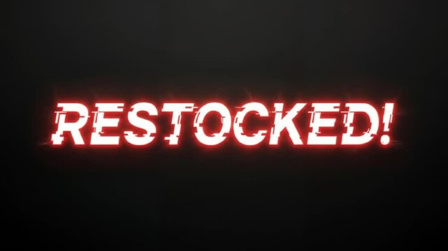 Restocked text with glitch effect and bright red outline against a dark black background image art