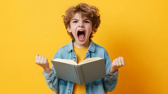 Excited child with open book against vibrant yellow background