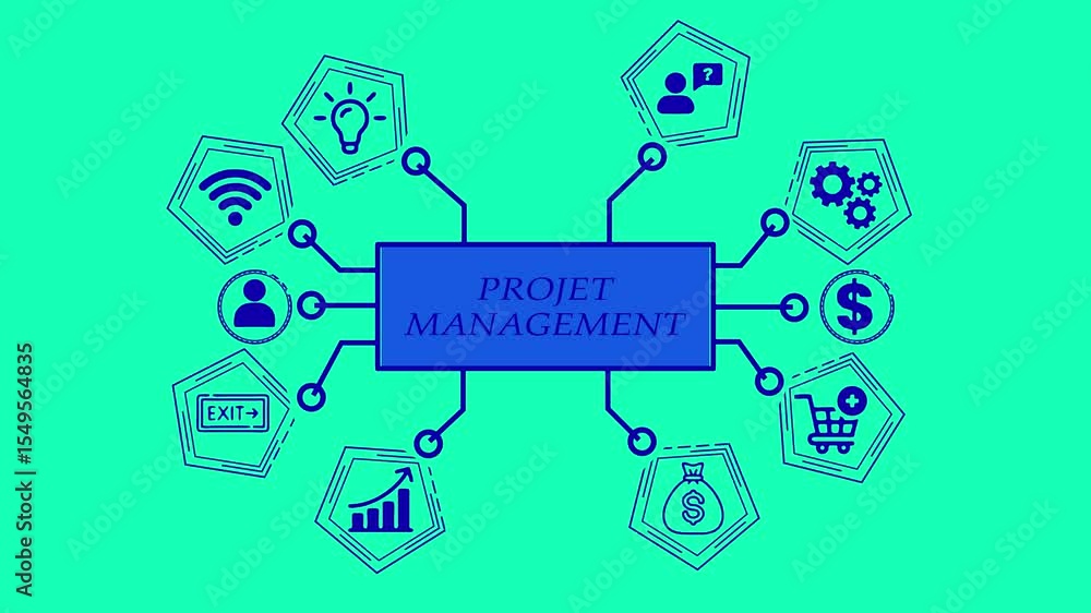 Poster abstract diagram illustrating project management concepts with various icons and connections on a vi