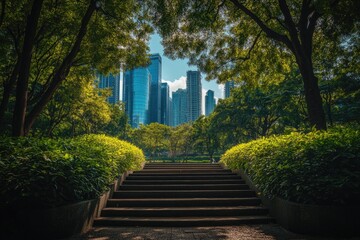 Obraz premium Urban park steps leading to a city skyline. Lush greenery frames a pathway of steps