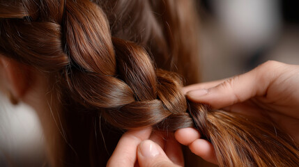 Fototapeta premium Close-up of hands braiding a classic three-strand braid on long brunette hair