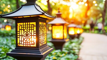 Detailed view of traditional lanterns emitting warm light in fading twilight, highlighting the paper material and patterns