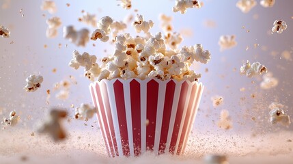 Popcorn Flying Out of Striped Container Title: Popcorn Exploding from a Red and White Striped Cup Tags