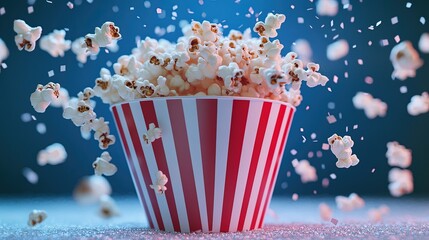 Popcorn Flying Out of Striped Container Title: Popcorn Exploding from a Red and White Striped Cup Tags