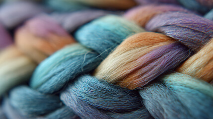 Colorful ombrÃ© hair woven into a mermaid braid pattern, close-up on strand details